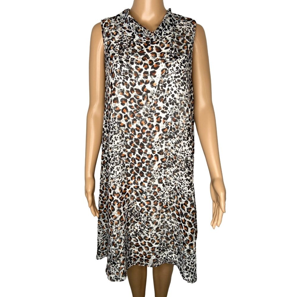 Sharagano Leopard Print Mock Neck Chiffon A-Line Dress Size 14 NWT